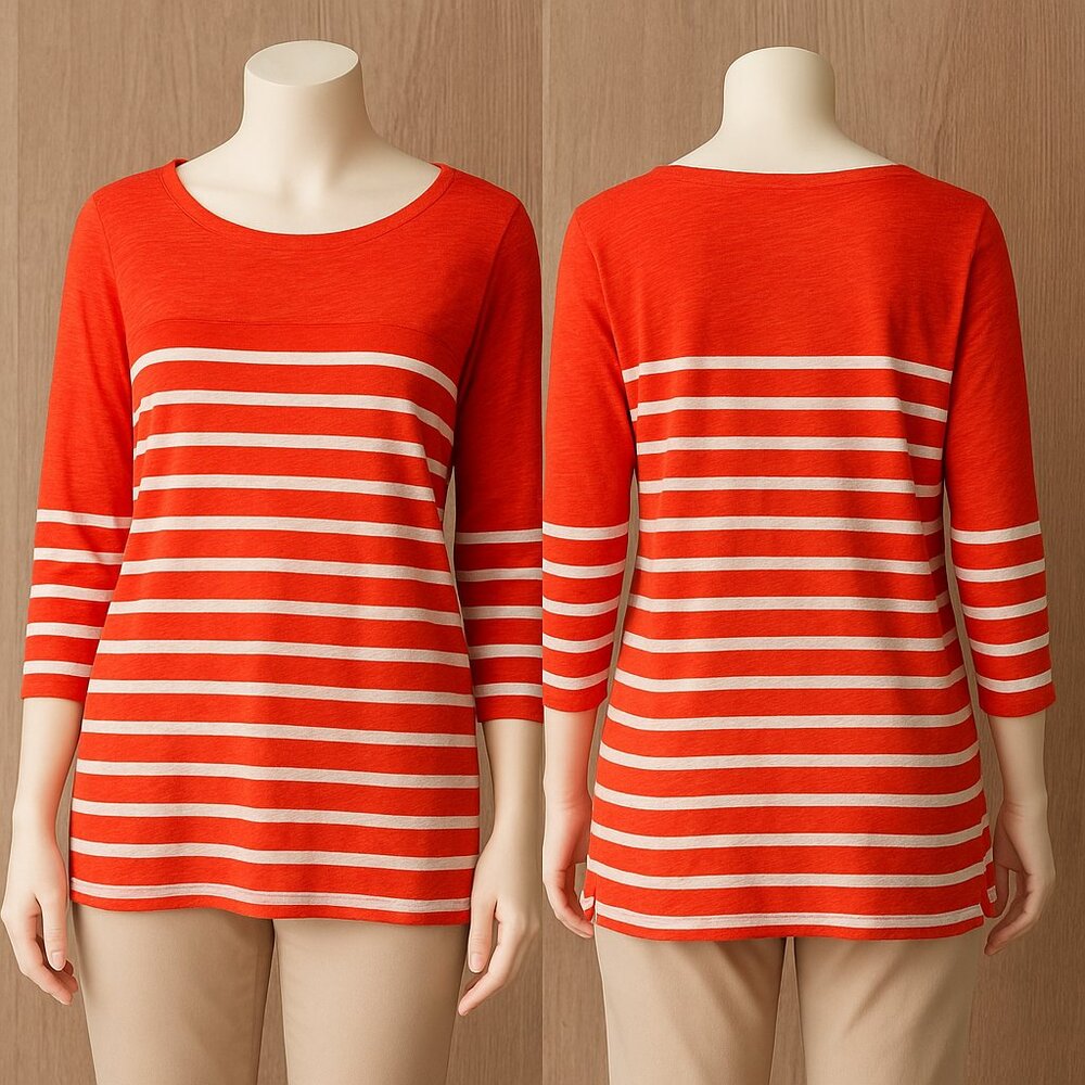 J.Crew Womens Orange White 3/4 Sleeve Scoop Neck Striped T-shirt xs